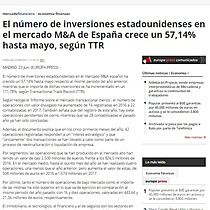 El nmero de inversiones estadounidenses en el mercado M&A de Espaa crece un 57,14% hasta mayo, segn TTR